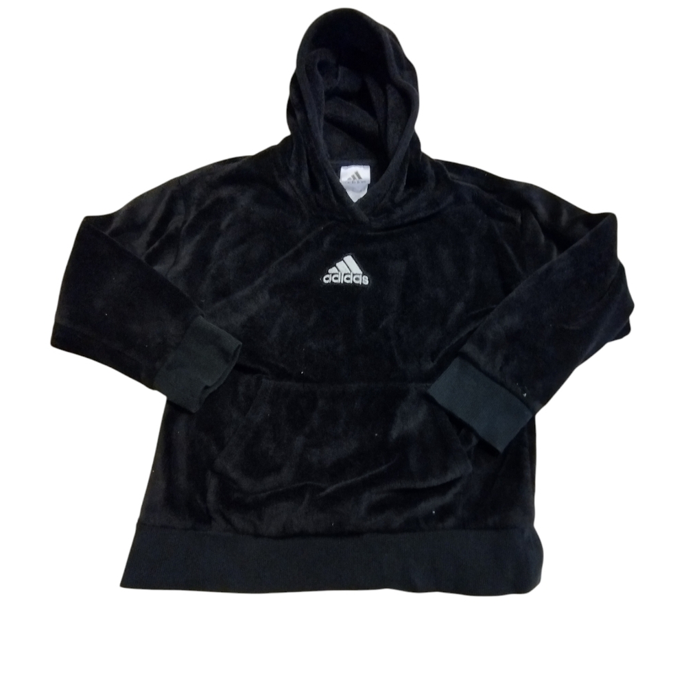 Adidas Girls Black Velour Hoodie Sweatshirt Silver Iconic Logo Small 7/8 Soft